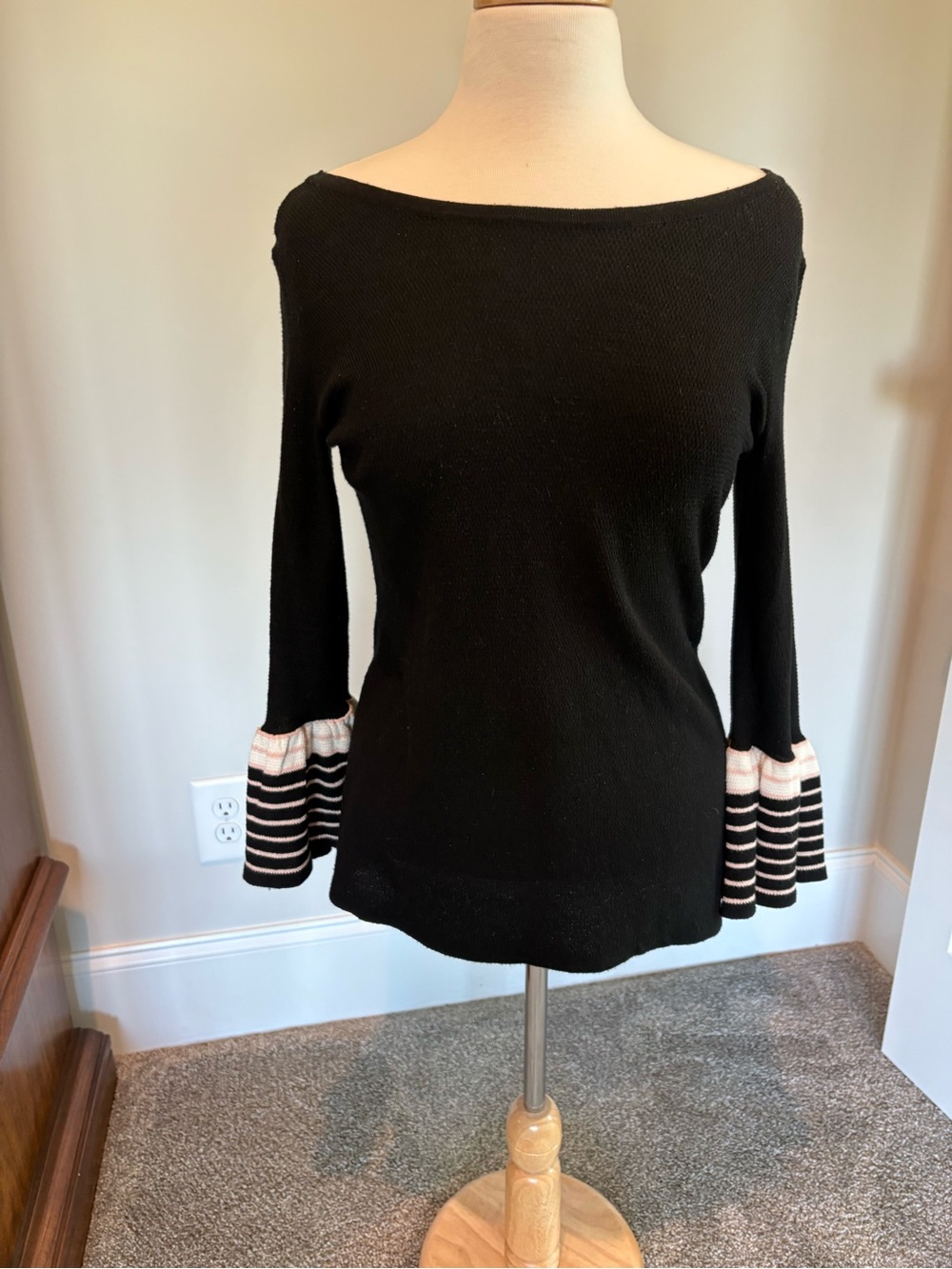 Elle Black Boatneck Sweater with Striped Bell Sleeves